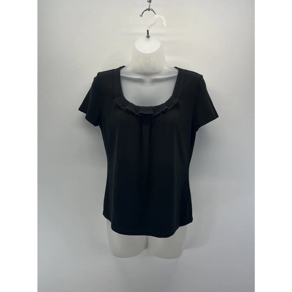 Talbots T Shirt Womens Top Short Sleeve Ruffle Neck Black Size Small Pima Cotton